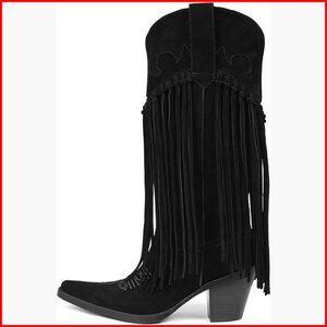 Mid Calf Fringe Cowboy Boots Snip Toe Chunky Heel Western Festivals